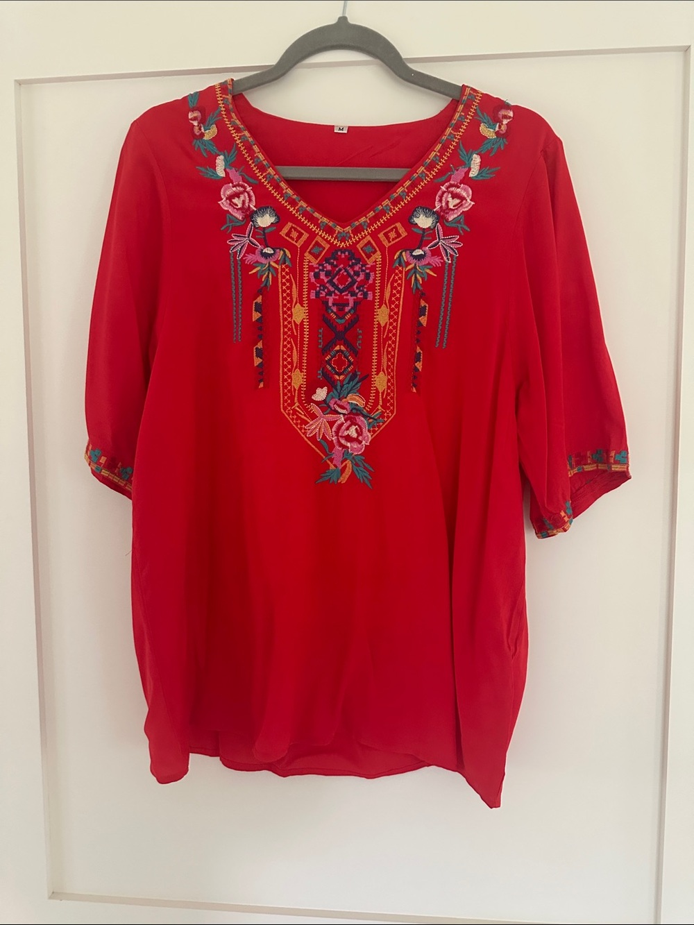 Embroidered V-Neck Women's Red Tunic Top